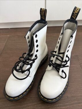 Dr. Martens White Lace-Up Combat Boots with Yellow Stitching